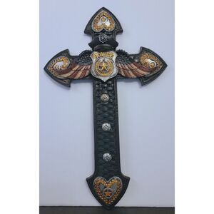 Police Officer Wall Cross Policeman Badge Gift US Flag Angel Wings 14 x 8.5"